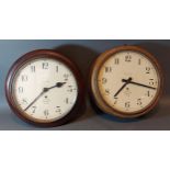 A oak cased circular wall clock by Smiths, together with another similar wall clock