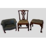 A Victorian low seat chair together with a Chippendale style chair and a Queen Anne style stool