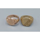 A 9ct gold signet ring with Masonic engraving together with another 9ct gold signet ring, 12.7gms,