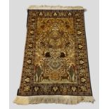 An Indian silk prayer rug with an all over design within multiple borders, 120cms x 77cms