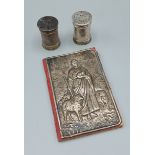 A pair of London silver sanders together with a Brirmingham silver mounted prayer book