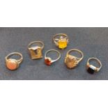 A group of six 9ct gold dress rings set with various stones, 21 gms inclusive