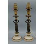 A pair of 19th Century patinated and gilt bronze candlesticks of figural form upon a circular marble