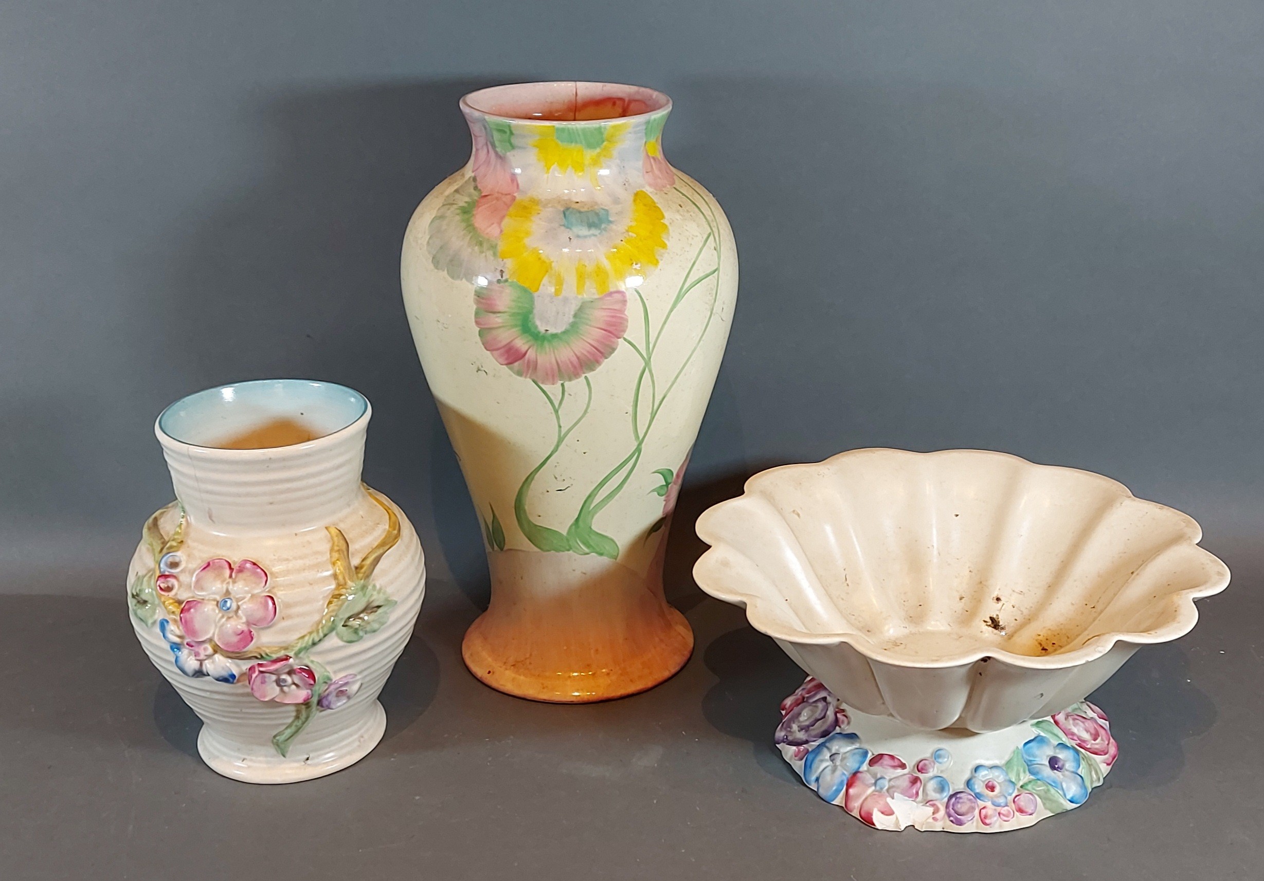 A Clarice Cliff Pink Pearls pattern vase, 30cms tall together with a Clarice Cliff bowl and