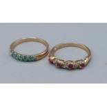 A 9ct gold Emerald and diamond band ring, ring size O together with a 9ct gold ruby and diamond band