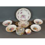 A German porcelain cabinet plate hand painted with flowers, blue crossed sword mark to base,