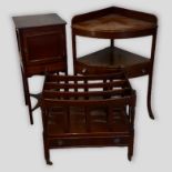 A mahogany washstand together with a corner washstand and a mahogany Canterbury