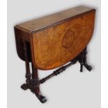 A Victorian burr walnut and marquetry inlaid oval Sutherland table with reeded legs and scroll feet,