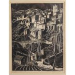 Adrian P Allinson, Hillside Village, black and white woodcut, signed in pencil, 42cms by 32cms