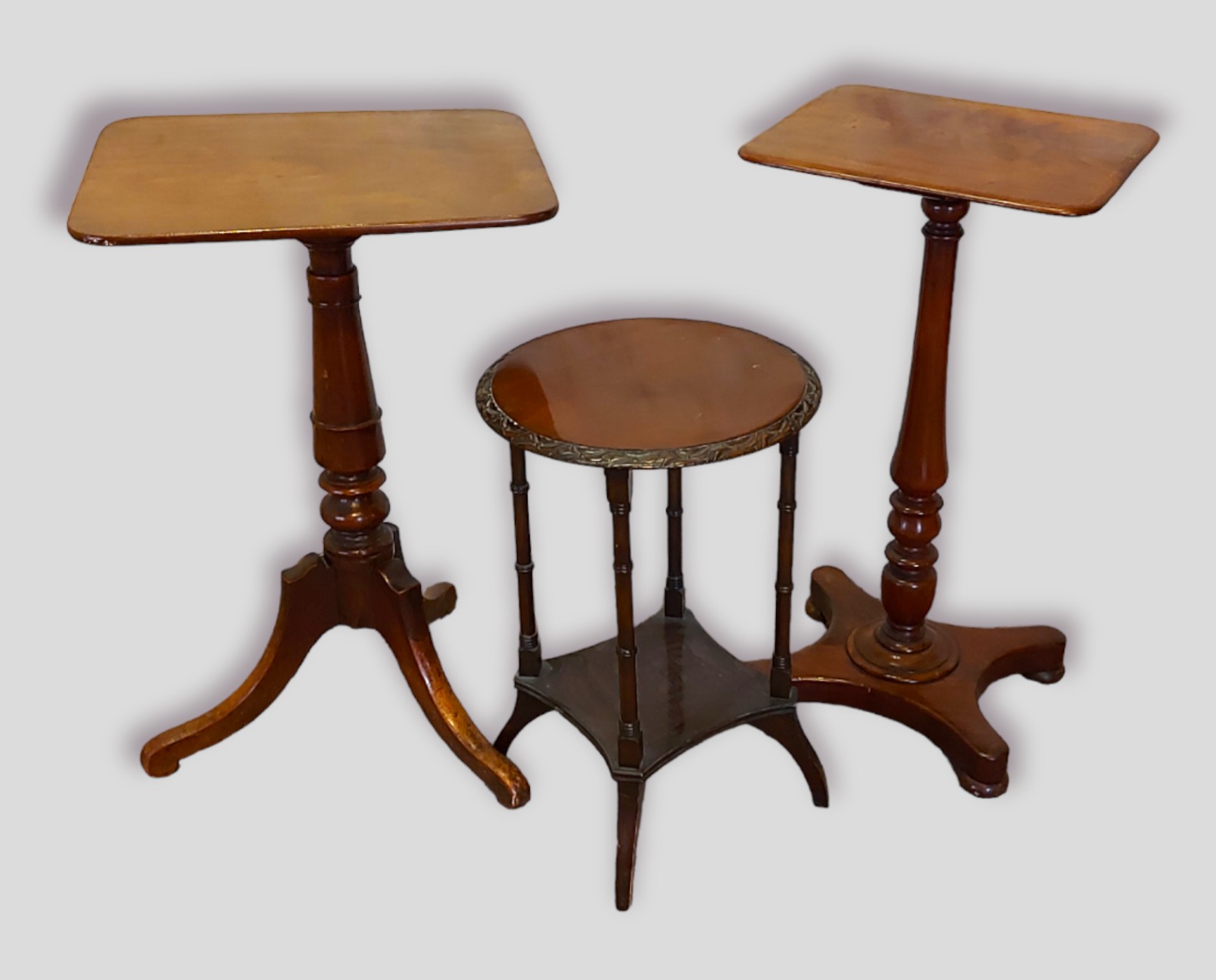 A 19th Century mahogany pedestal table of square form together with another similar table and a