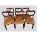 A set of six mahogany dining chairs with carved rail back above upholstered seats raised upon turned