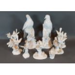 A pair of Crown Staffordshire porcelain models of birds, together with six other Crown Staffordshire