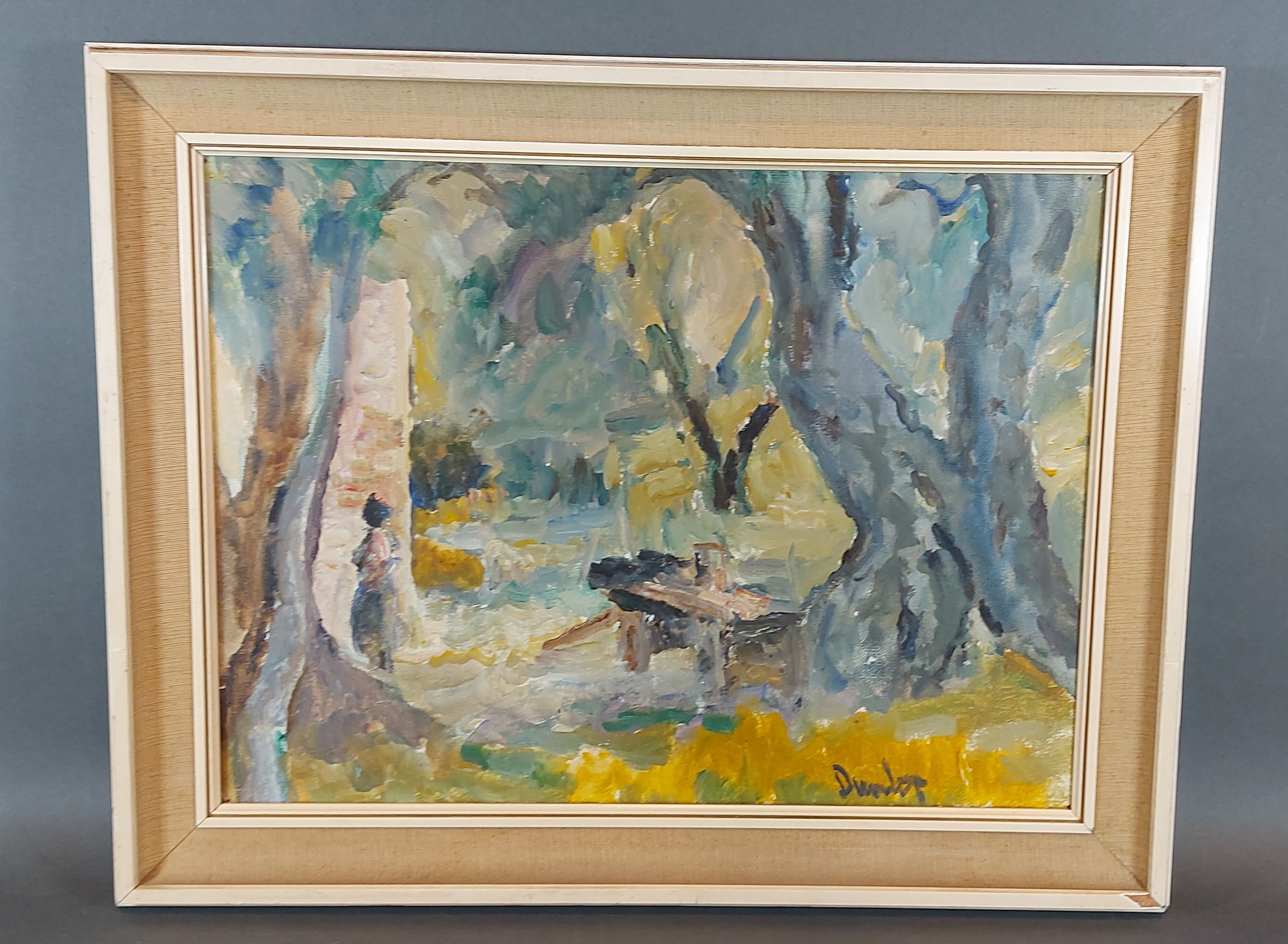 Ronald Ossory Dunlop, a wooded landscape with figure and cart on a track, oil on canvas, signed,