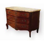 A French serpentine commode, the variegated marble top above three drawers raised upon low