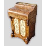 A Victorian burr walnut and marquetry inlaid davenport, the low brass galleried top above a fitted