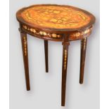 A French style marquetry inlaid oval occasional table, the marquetry inlaid top above a similar