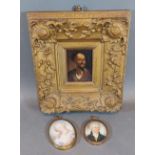 Two oval portrait miniatures, together with a small gilt framed paintings