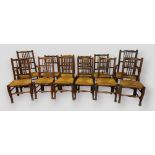 A Harlequin Set of Twelve Early 19th Century Elm Lancashire Chairs, each with spindle backs above