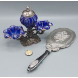 An 900 mark silver backed mirror together with a 925 and enamel locket and a table centre