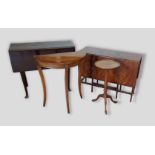 A 19th Century drop flap table together with a mahogany drop flap table, a wine table and a demi