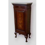 An Edwardian mahogany and marquetry inlaid side cabinet, with a marble top above a single door,