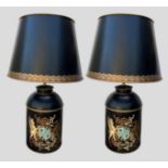 A pair of Toleware table lamps each decorated with an Armorial crest upon a black ground with