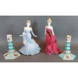 A pair of Dresden porcelain candlesticks together with two Coalport figurines