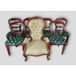 A walnut drawing room armchair with a button upholstered back above a stuff over seat raised upon