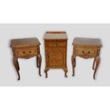 A pair of French bedside tables together with a walnut bedside cupboard