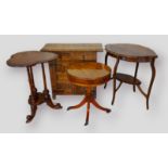 A mahogany two tier occasional table together with two other tables and a side cabinet