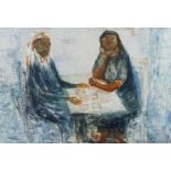 Leonidas Gambartes, figures at a table, mixed media, signed, 30cms x 43cms