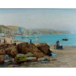 Thomas James Purchas, coastal scene with figures and beach huts, oil on board, signed and dated