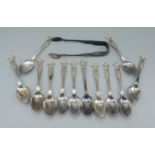 A set of eleven Scottish silver teaspoon with a matching pair of sugar tongs, Glasgow 1847, together