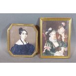 A portrait miniature depicting a classical lady in period dress, 7cms x 6cms together with another