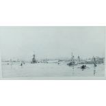 Rowland Langmaid, H.M.S. Dreadnought leaving Portsmouth harbour, etching signed in pencil, 19cms x
