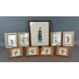 A set of eight Chinese watercolours on rice paper each depicting figures, 13cms x 10cms together