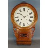 A 19th Century walnut and inlaid drop dial wall clock, 68cms tall