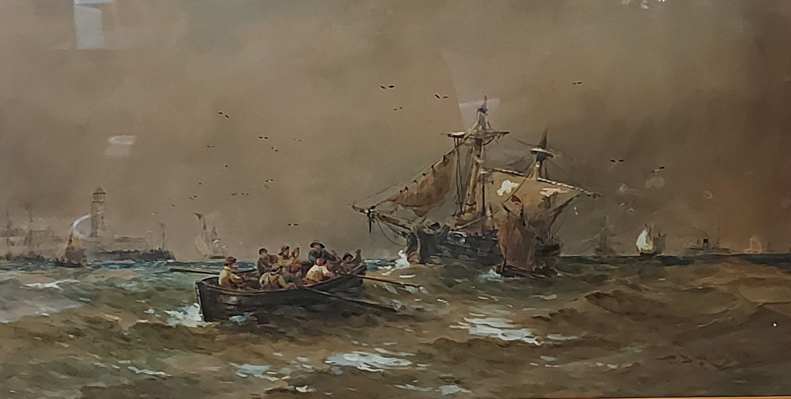 Thomas Bush Hardy, shipping scene with figures in a rowing boat before ships in a rough sea,