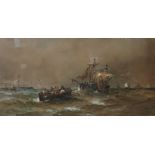 Thomas Bush Hardy, shipping scene with figures in a rowing boat before ships in a rough sea,