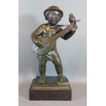 Eugen Mayer-Fassold figure with mandolin and bird, a patinated bronze with rectangular marble