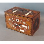 A 19th Century inlaid tea caddy, with unusual bone and M.O.P inlays depicting hand tools