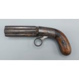A 19th Century Pepper-Box pistol with engreaved plate, 20cms long