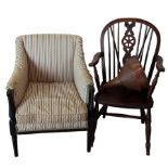 A 19th Century ebonised armchair together with a wheel and spindle back armchair and a large