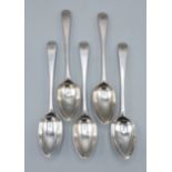 A set of five Georgian silver spoons, date mark rubbed, maker George Smith (III), 6ozs