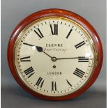 A 19th Century mahogany circular wall clock, the enamel dial inscribed Clerke, Royal Exchange,