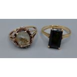 A 18ct yellow gold ring set rectangular green tourmaline, ring size R, 3.5gms, together with 9ct