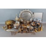 A silver plated egg cup stand with four egg cups together with a collection of silver plated items