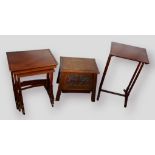 A nest of three occasional tables together with another occasional table and an oak workbox