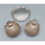 A pair of London silver butter dishes of scallop form together with a Birmingham silver waiter, 6ozs