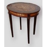 A French style marquetry inlaid oval occasional table, the marquetry inlaid top above a similar